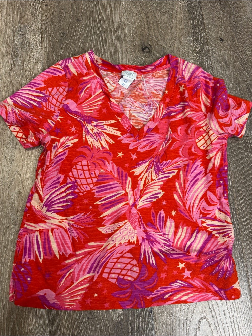 Sigrid Olsen Red Short-Sleeve V-Neck Tee with Pink & Purple Tropical Print 0735